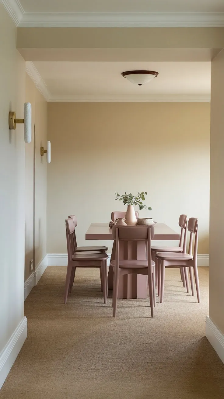 Bathed in soft light, this peaceful dining room showcases the latest dining room trends with its transitional design. The muted pink dining table, a centerpiece of the light modern dining room, is surrounded by six chairs, creating a serene and inviting atmosphere. Dining room neutrals dominate the palette, complemented by subtle wall sconces and a stylish ceiling fixture. This is transitional dining room design at its finest.