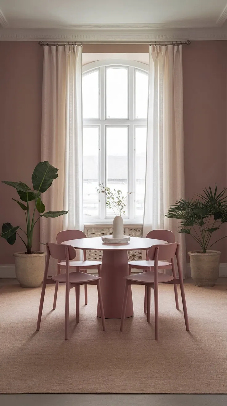 Bathed in soft light, this peaceful dining room showcases the latest dining room trends. The muted pink hue creates a calming atmosphere within this light modern dining room, perfectly complemented by the beige walls and transitional dining room design. The dining table, surrounded by four chairs, sits comfortably on a beige rug, anchored by two potted plants. This space exemplifies the elegance of dining room neutrals.