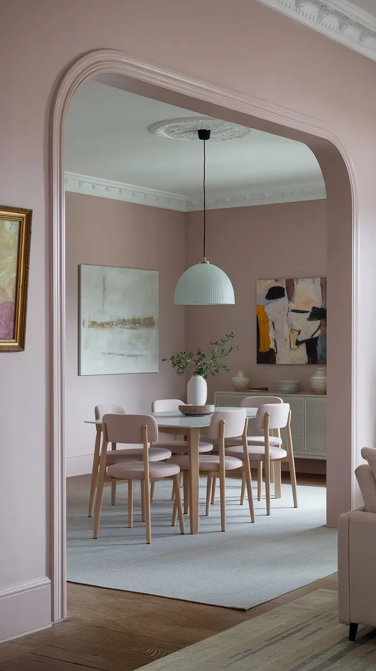 This transitional dining room design perfectly blends light modern aesthetics with calming neutrals. The muted pink dining room creates a peaceful dining room ambiance, highlighted by a stylish dining table and comfortable chairs. The light gray rug and carefully chosen artwork complete the look, reflecting current dining room trends.