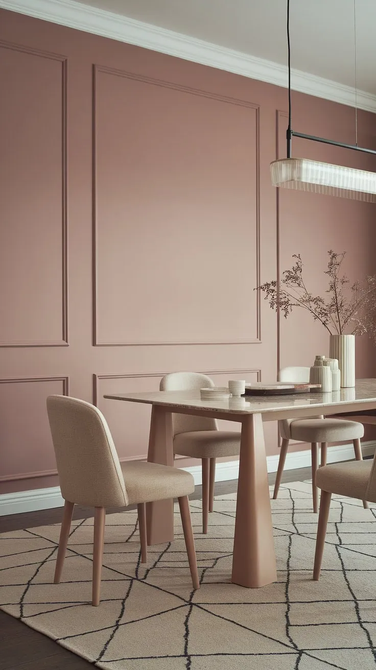 This peaceful dining room showcases the best of current dining room trends. The light modern dining room design features a muted pink accent wall, perfectly complementing the dining room neutrals of the beige upholstered chairs and marble-topped dining table. The geometric rug and stylish pendant light complete this transitional dining room design.