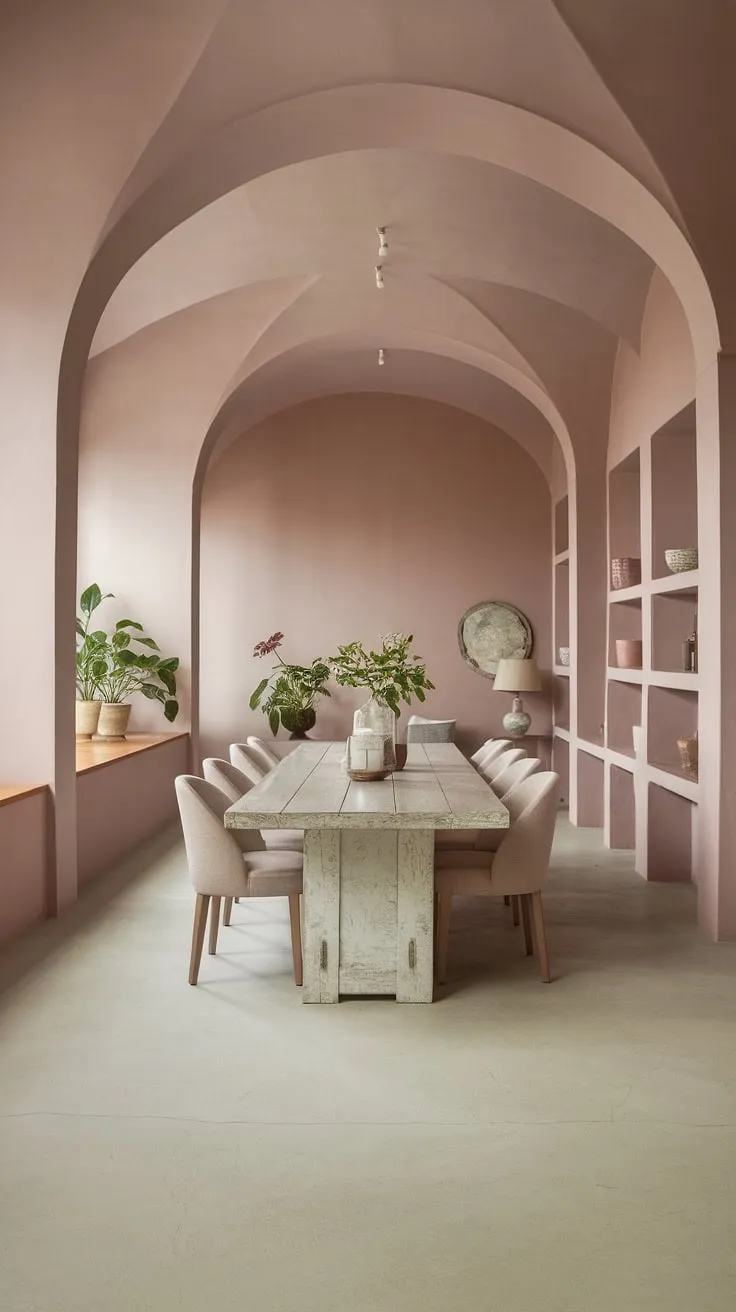 This peaceful dining room embodies current dining room trends: a light modern aesthetic, a calming neutral palette, and a beautifully distressed dining table. The soft pink accents elevate this transitional dining room design.