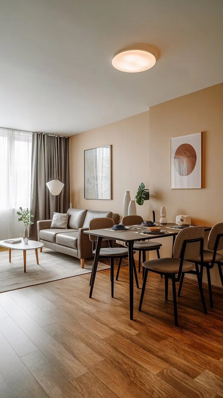 This cleverly designed dining and sitting room combo maximizes space in this apartment. The seamless flow between the dining area, with its four-seater table, and the comfortable sitting area featuring a sofa and coffee table, creates a versatile living room layout ideal for both intimate dinners and relaxed evenings. The neutral beige walls and wooden floors contribute to a warm and inviting atmosphere, showcasing a successful dining room remodel that prioritizes functionality without sacrificing style. This living room dining room combo offers a sophisticated yet practical dining room layout for modern living.