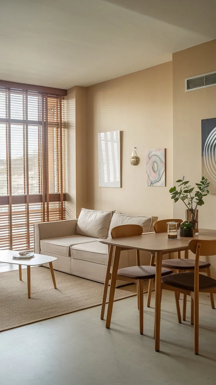 This stunning dining and sitting room combo boasts a seamless flow between relaxation and dining. The beige color palette creates a calm atmosphere, enhanced by the natural light streaming through the wooden blinds. The thoughtful dining room layout, featuring a wooden table and four chairs, sits comfortably alongside the beige sofa and white coffee table, creating a perfect living room dining room combo. This space showcases a successful dining room remodel, achieving a sophisticated yet inviting formal living room feel. The overall design offers a practical and elegant solution for a smaller apartment, demonstrating a clever living room layout.