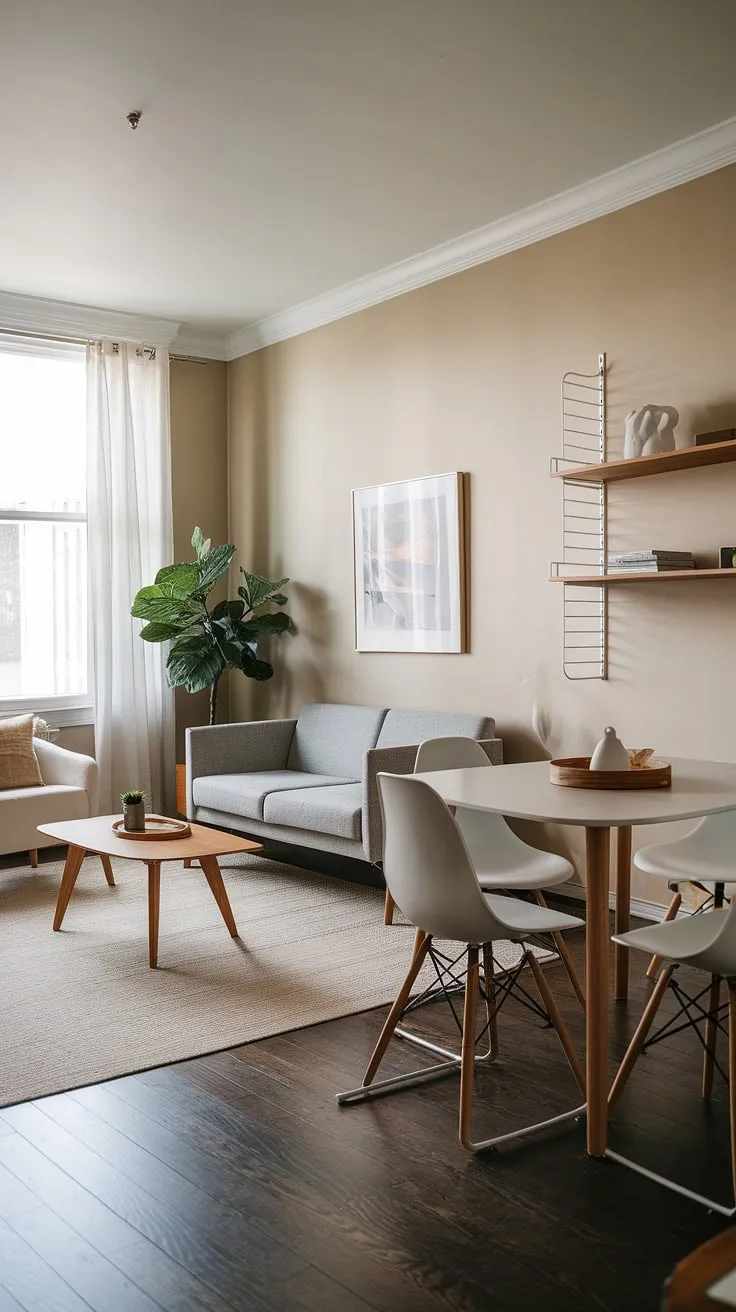 This apartment's clever dining and sitting room combo maximizes space with a seamless flow between the dining area, featuring a modern white table and chairs, and the adjacent sitting area, anchored by a gray sofa and white accent chair. The dark hardwood floors and beige walls create a neutral backdrop, while the wooden shelving and potted plant add warmth. This successful dining room layout offers a comfortable and stylish living room dining room combo, perfect for both formal entertaining and relaxed evenings at home. The overall design showcases a thoughtful approach to a dining room remodel, achieving a sophisticated yet functional living room layout.