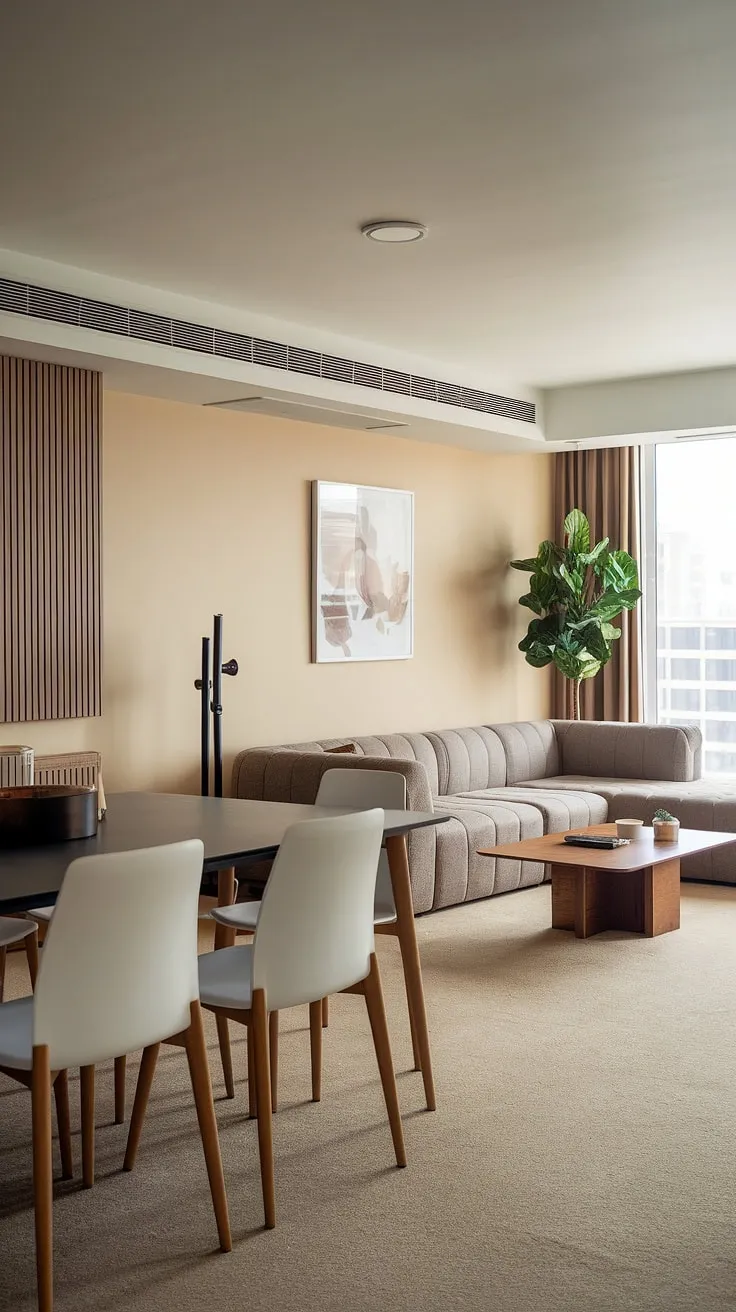 Effortless flow defines this living room dining room combo. A stunning example of a dining room remodel, showcasing a practical dining room layout and a comfortable living room layout within one space. The result? A sophisticated dining room combo.