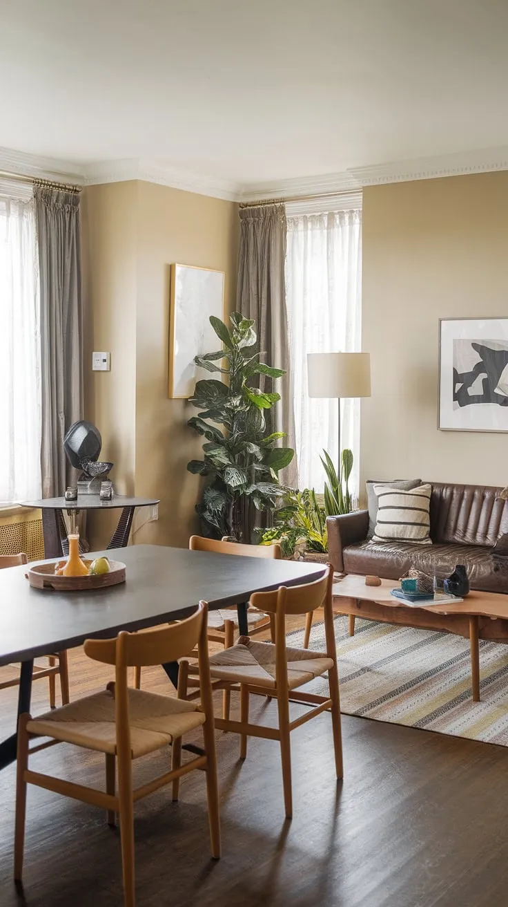 This stunning dining and sitting room combo showcases a seamless flow between dining and relaxation. The warm beige walls and hardwood floors create a sophisticated backdrop for the long wooden dining table, comfortable sofa, and lush greenery. This clever dining room layout maximizes space, offering a versatile living room dining room combo perfect for both intimate dinners and casual gatherings. The overall design feels less like a formal living room and more like a comfortable, inviting space. Consider this a successful example of a dining room remodel, achieving a functional and stylish dining room combo.