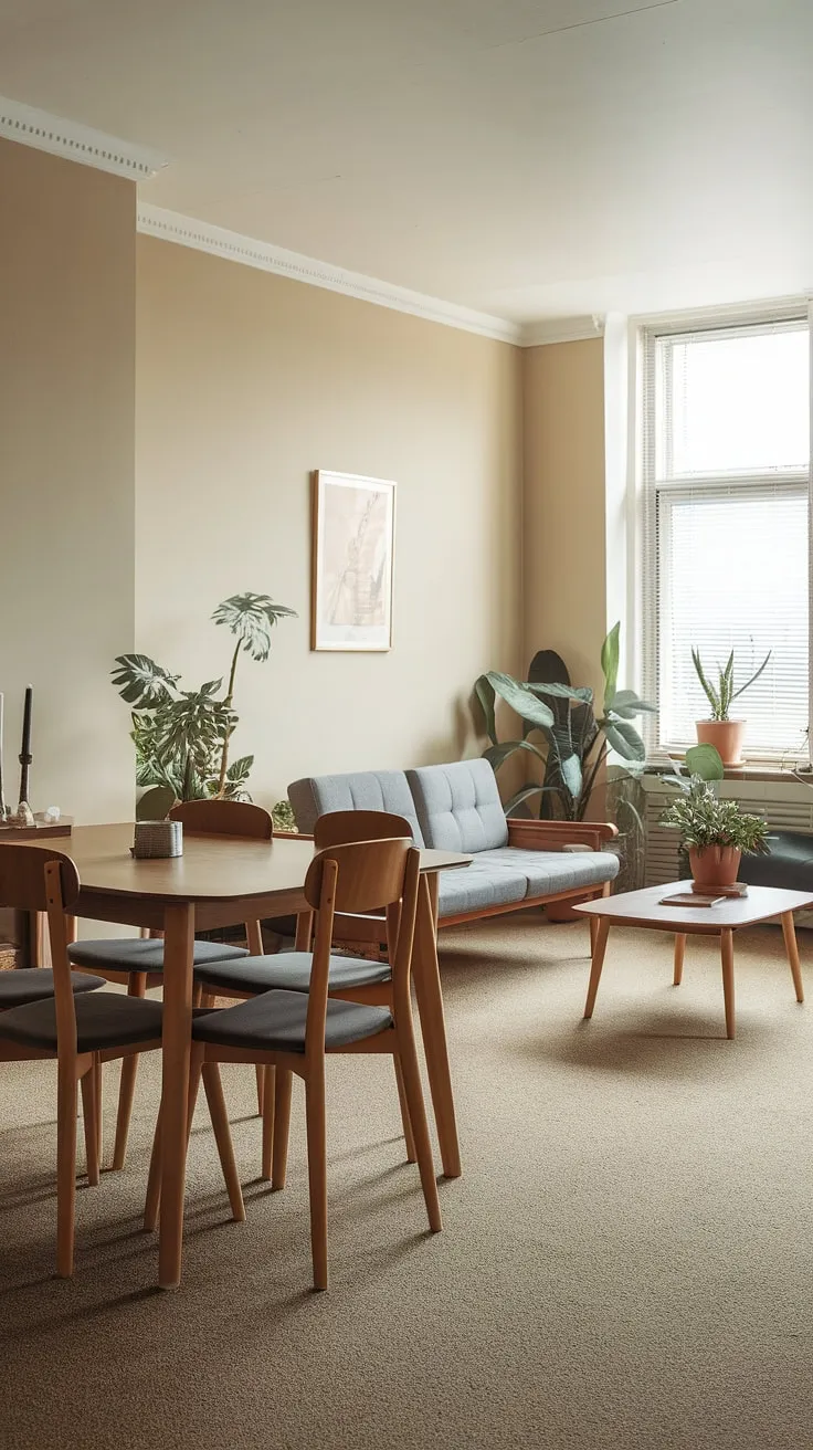 This dining room combo cleverly maximizes space, transforming a single room into a functional and stylish living room dining room combo. The thoughtful dining room layout and neutral palette create a welcoming atmosphere, ideal for a dining room remodel or a new apartment.