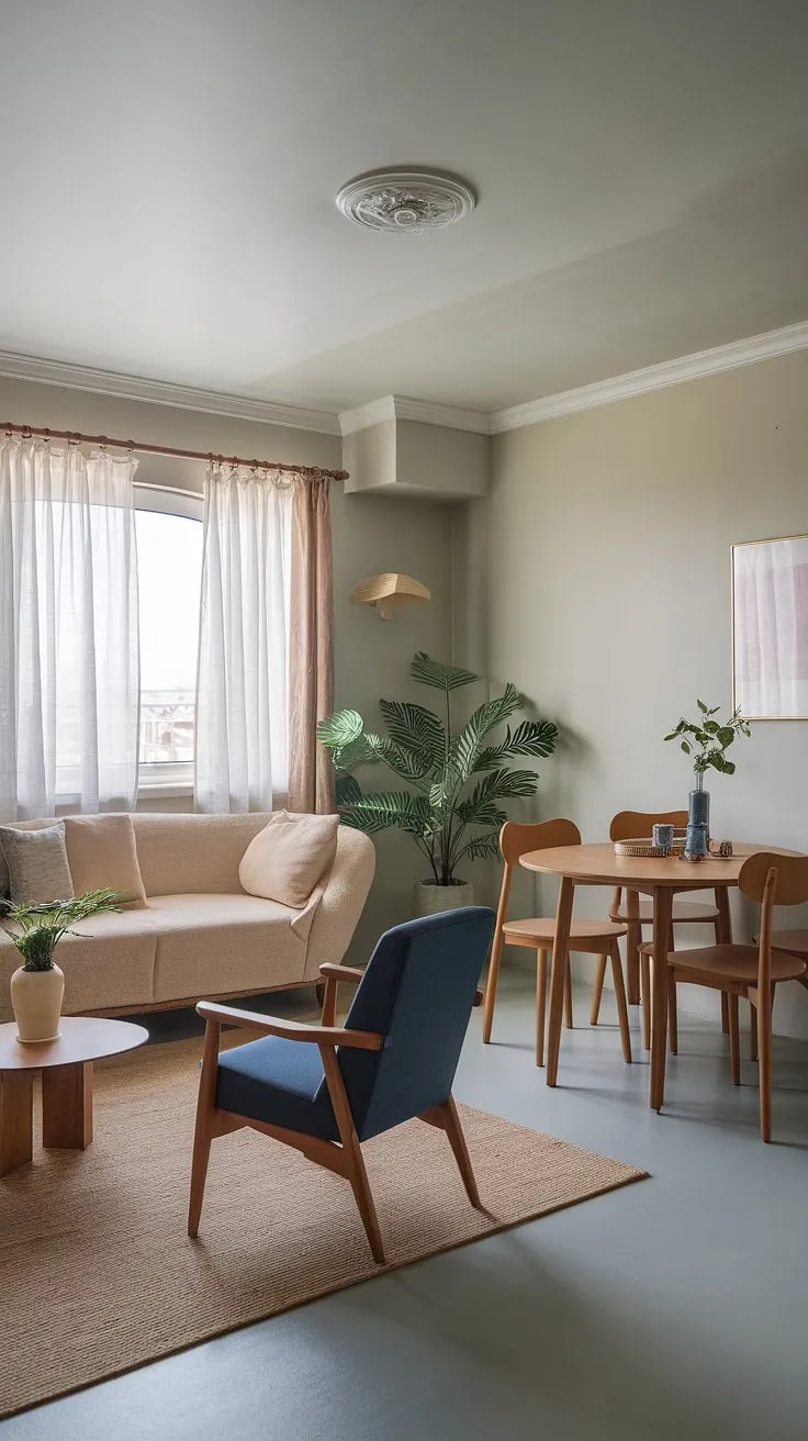 A seamless blend of functionality and style, this dining sitting room combo showcases a smart living room layout. The neutral color palette and strategic furniture placement create a spacious feel, despite the combined dining room and sitting area. The wooden dining table anchors the space, while the comfortable seating offers a relaxed atmosphere. This dining room combo is a testament to successful space planning, a perfect solution for a dining room remodel in a smaller apartment.