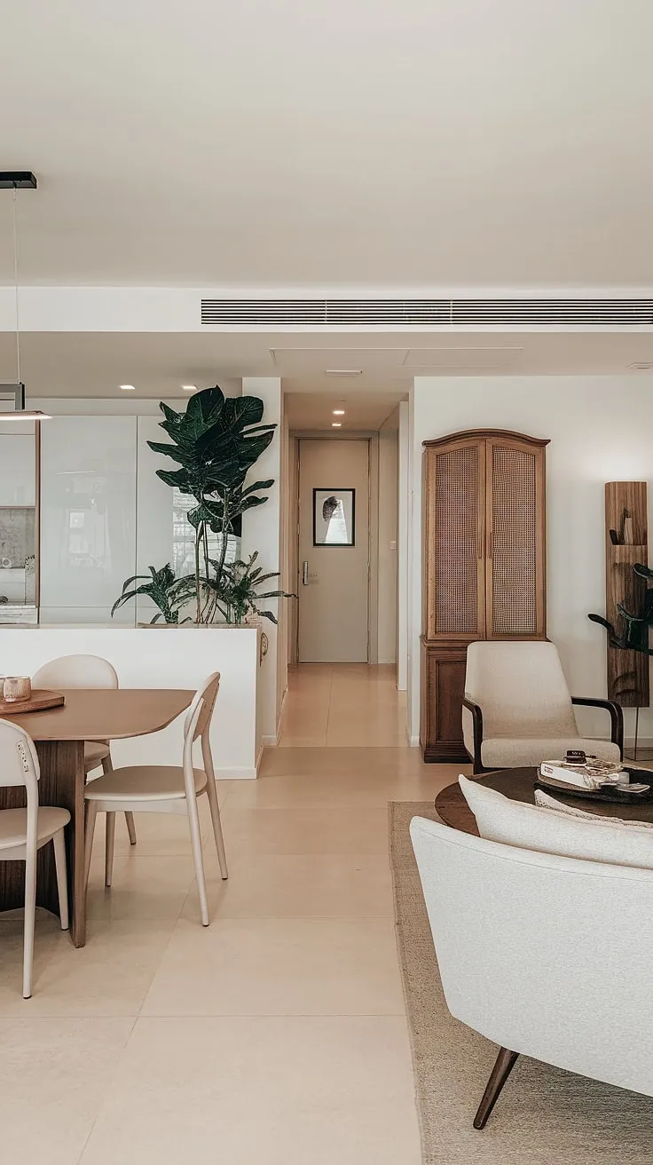 This light and airy dining sitting room combo boasts a seamless flow between the dining area, complete with a stylish dining table and chairs, and a comfortable sitting area anchored by a plush sofa and armchair. A strategically placed plant acts as a natural room divider, enhancing the open-plan feel. The neutral color palette and light beige flooring create a calm and sophisticated atmosphere, showcasing a clever dining room layout and a relaxed living room layout perfect for modern living. The wooden cabinet adds a touch of warmth, making this a successful dining room remodel and a welcoming space that transcends the typical formal living room.