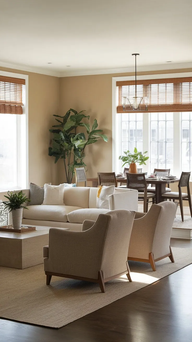 A beautiful example of a dining room combo, this space effortlessly unites a formal living room with a charming dining area. The beige walls and rug create a neutral backdrop for the mix of modern and traditional furniture, resulting in a comfortable and sophisticated dining sitting room combo. The well-planned dining room layout and living room layout make the most of the available space, showcasing a successful dining room remodel.