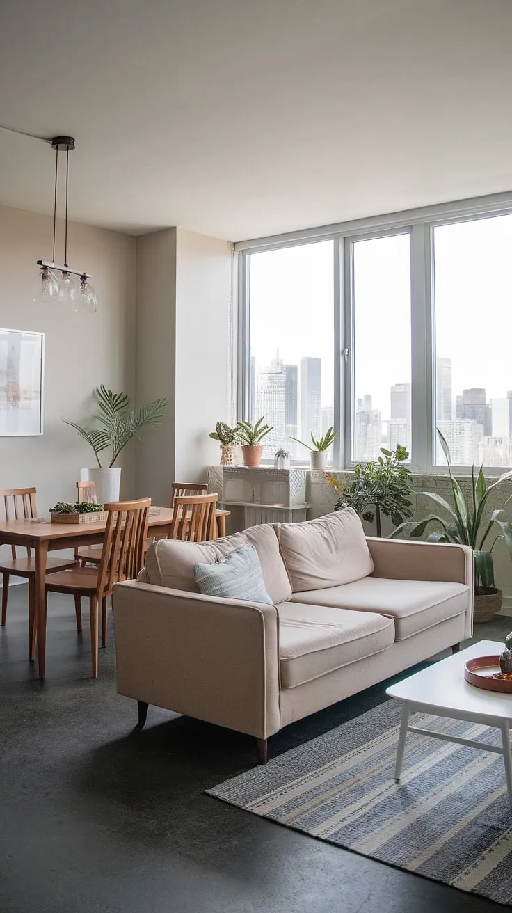 This open-plan living room dining room combo effortlessly blends formal living room elegance with casual dining comfort. The neutral color palette, featuring light gray walls and a beige sofa, creates a calming atmosphere. The strategic dining room layout, with its wooden table and chairs, complements the sitting area, making this dining room combo ideal for entertaining. Large windows showcase the city views, adding to the overall appeal of this well-executed dining room remodel. The dark gray concrete floors add a touch of modern industrial style to this impressive living room layout.