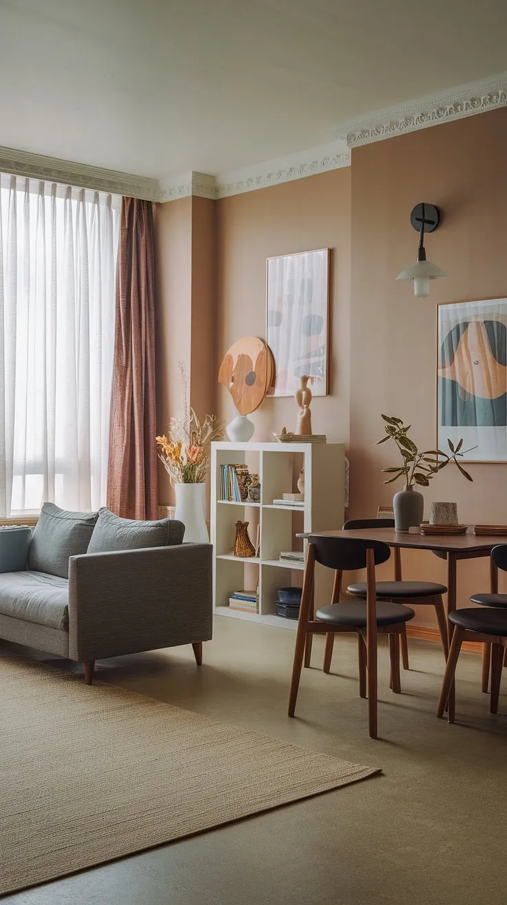 This dining and sitting room combo showcases a sophisticated living room dining room combo design. A successful dining room remodel, this space effortlessly transitions between formal living room and casual dining.