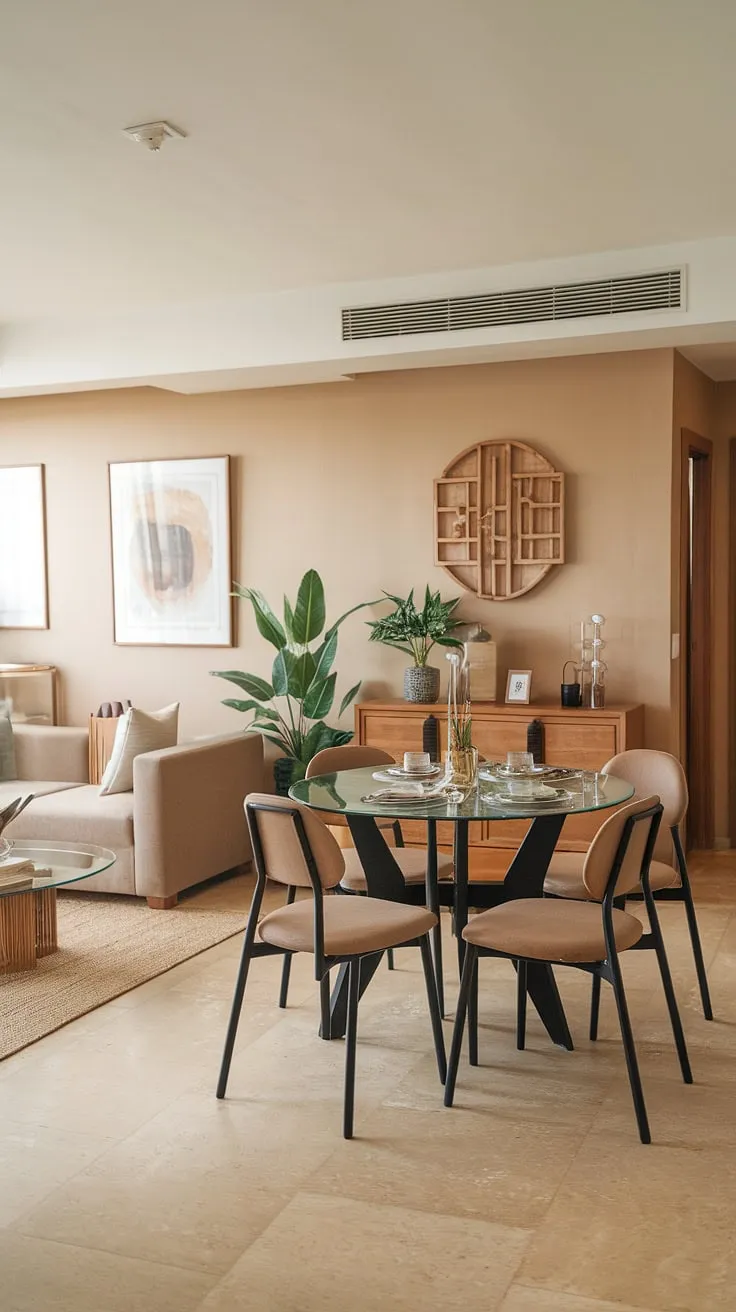 This open-plan dining and sitting room combo boasts a seamless flow between relaxation and dining. The beige color palette, complemented by the glass dining table and comfortable couch, creates a calm and inviting atmosphere. This clever dining room layout maximizes space, while the addition of plants adds a touch of life to the overall living room layout. A successful dining room remodel, this space showcases a sophisticated yet functional design, perfect for both casual gatherings and more formal living room occasions.