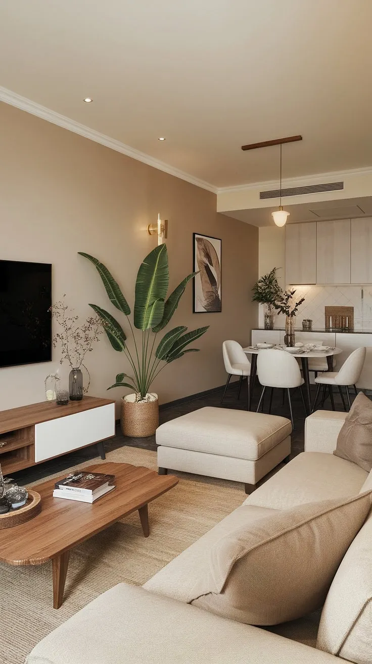 This apartment's clever dining and sitting room combo maximizes space with a seamless flow between the beige sofa and wooden coffee table in the living room area, and the crisp white dining table and chairs. The neutral color palette and strategic placement of a large plant create a calm and inviting atmosphere, showcasing a functional and stylish dining room layout within a well-designed living room layout. This successful dining room remodel demonstrates how to achieve a comfortable and elegant formal living room even in a smaller space.