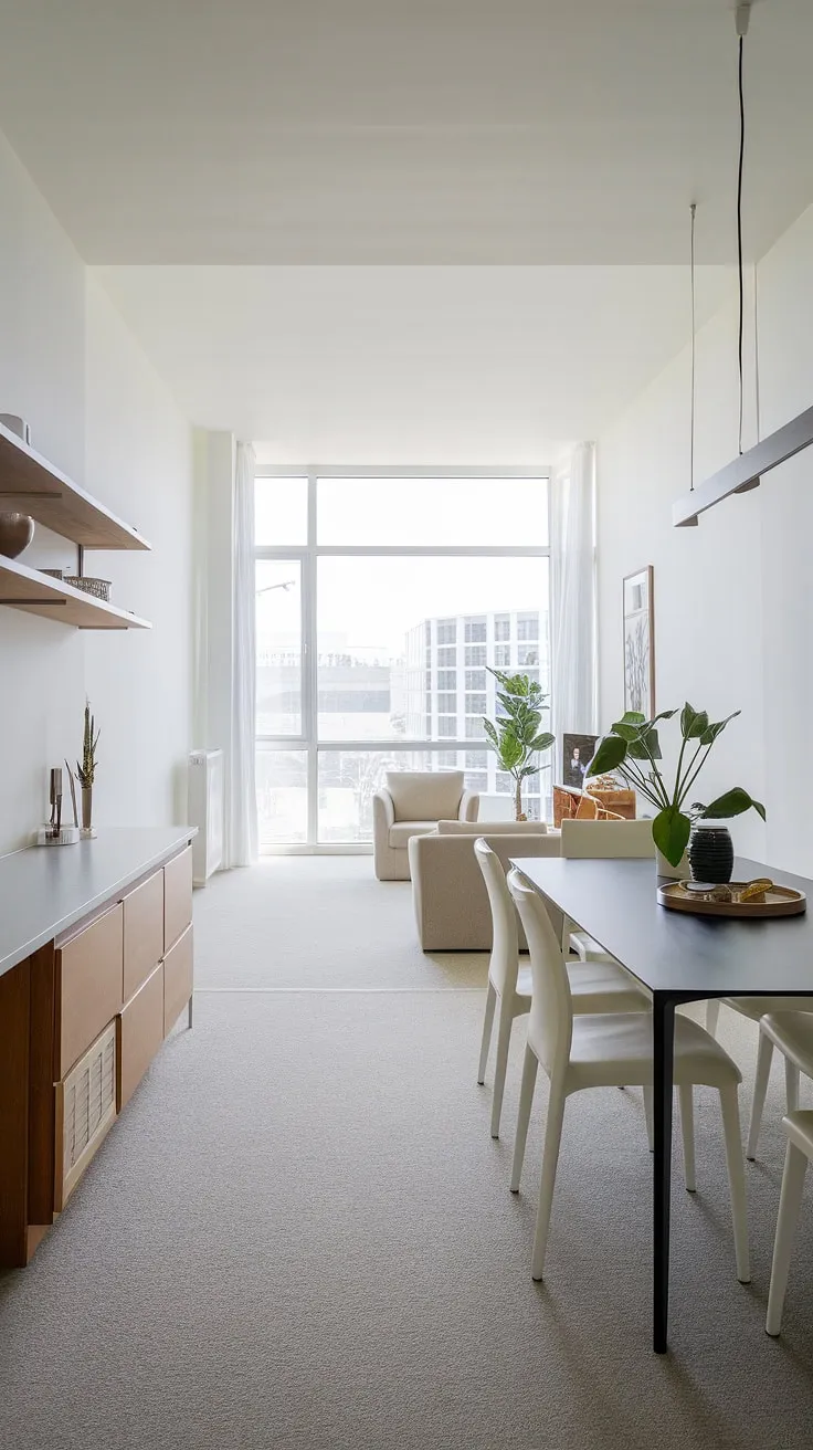 This bright and airy dining and sitting room combo boasts a sleek, modern design. The open-plan living room dining room combo maximizes space, creating a seamless flow between the dining area with its black table and white chairs, and the comfortable sitting area featuring a beige sofa and a touch of greenery. The clever dining room layout and overall living room layout make this space perfect for both entertaining and relaxing. This successful dining room remodel showcases how to achieve a sophisticated yet functional formal living room.