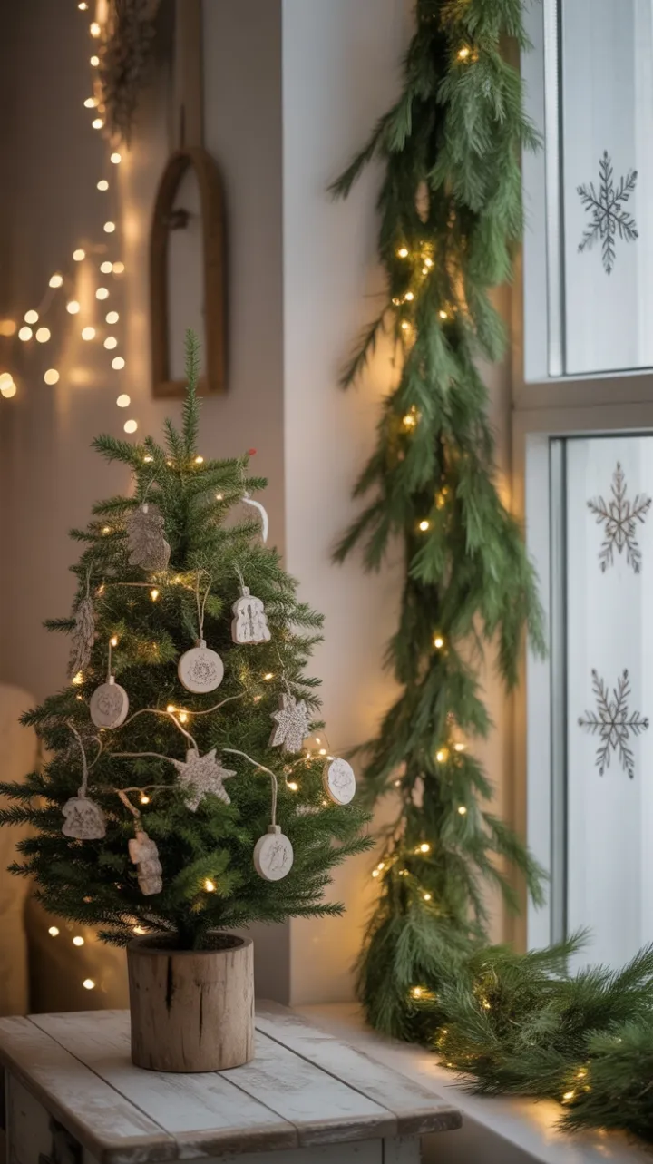 Mini Evergreen and Fairy Lights Bathing a Rustic Christmas Nook in Warmth
