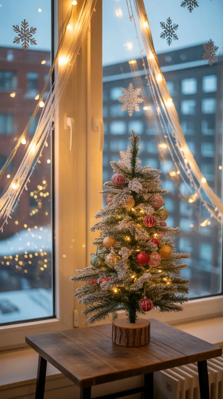 Cozy Apartment Christmas With a Flocked Mini Tree and City Lights