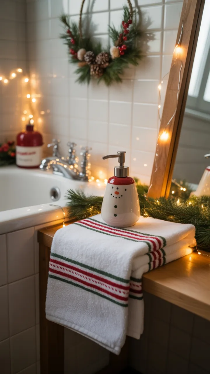 Cozy DIY Christmas Bathroom with Snowman Soap and Twinkling Lights