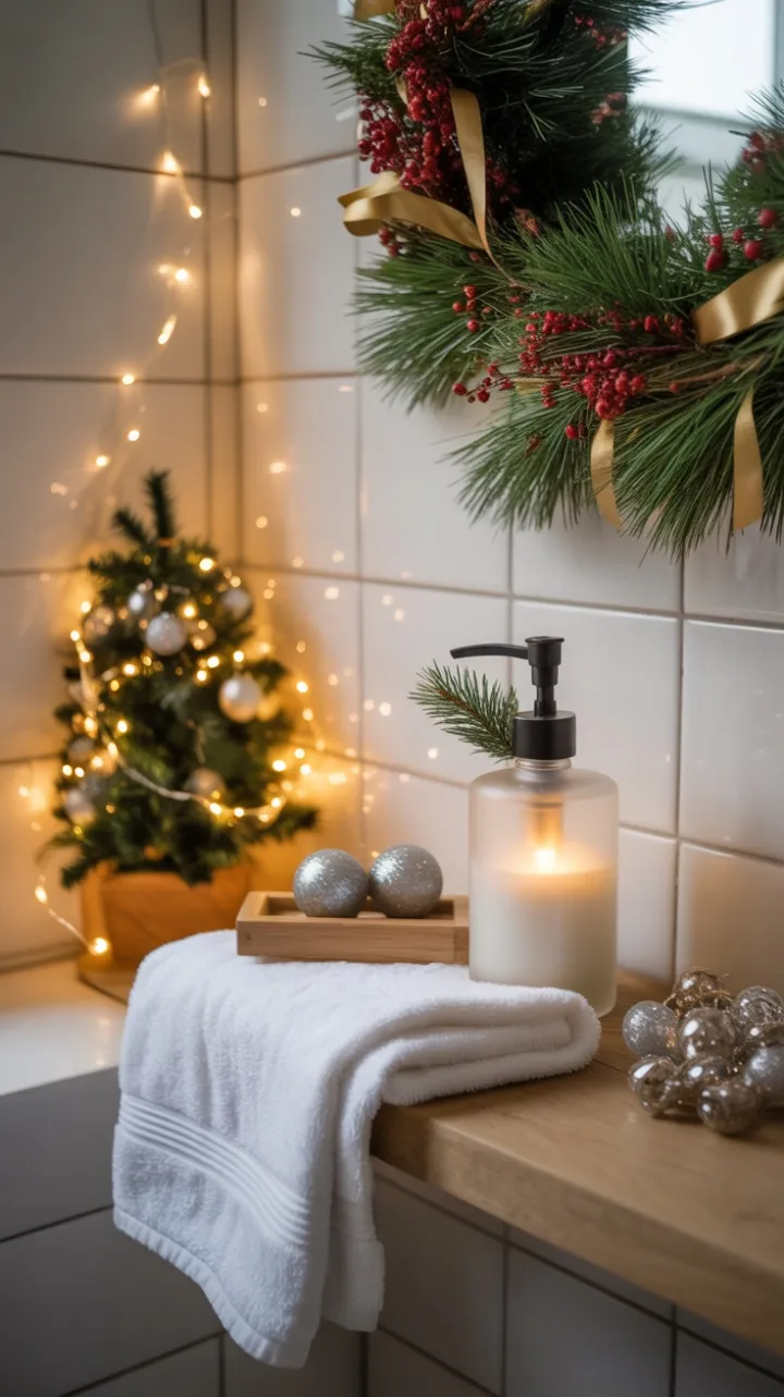 Cozy DIY Holiday Bathroom with Twinkling Lights and Rustic Pine Accents