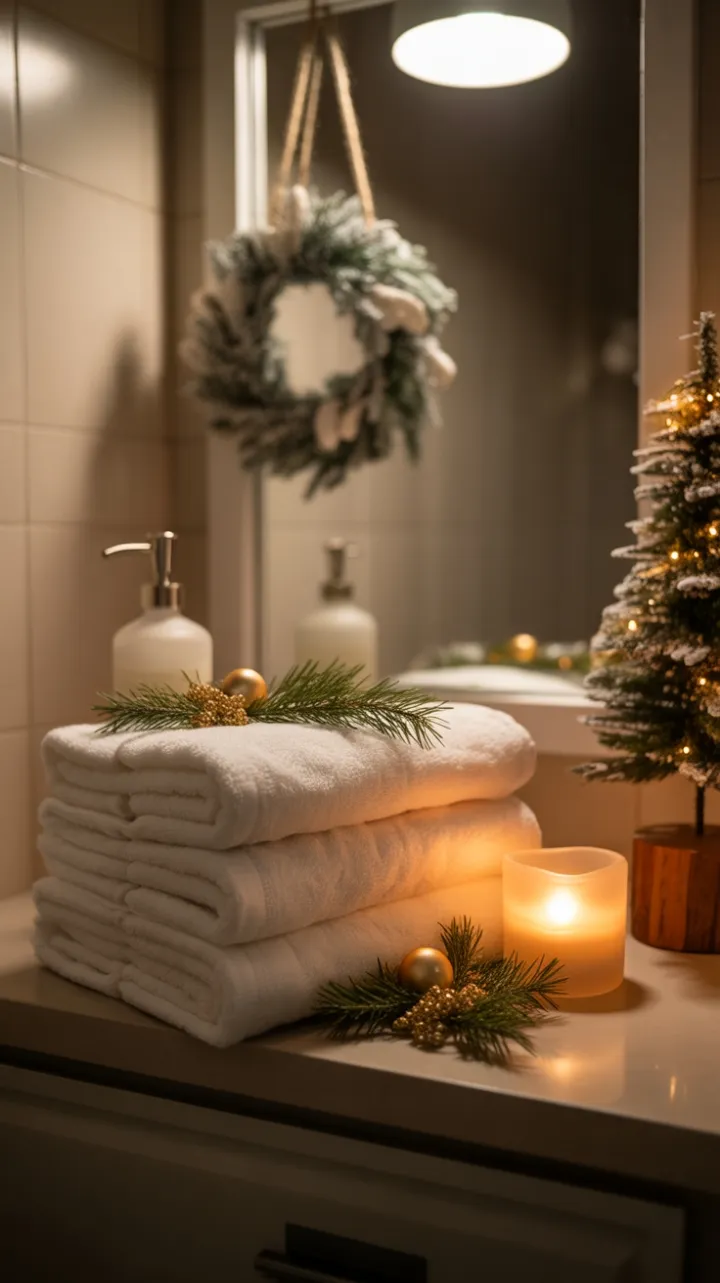 Cozy Christmas Bathroom Retreat with Plush Towels and Candlelight