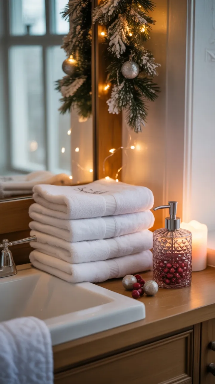 Cranberry Glow in a Cozy Holiday Bathroom Nook