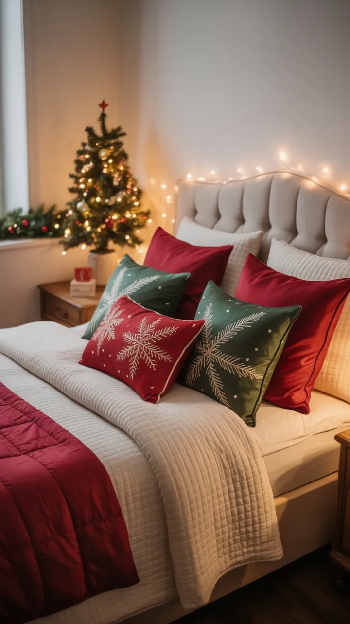 Cozy Christmas Retreat with Snowflake Pillows and Twinkling Lights