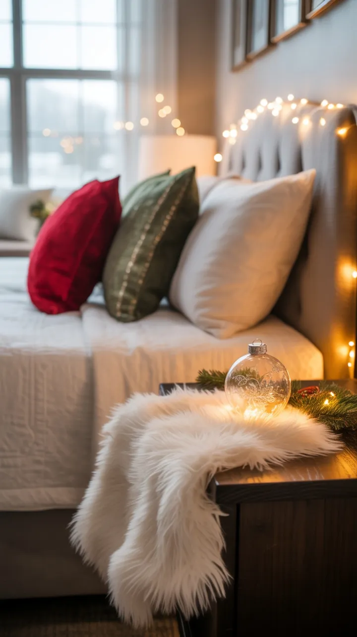 Twinkling Christmas Bedroom with Plush Fur and Warm Morning Light