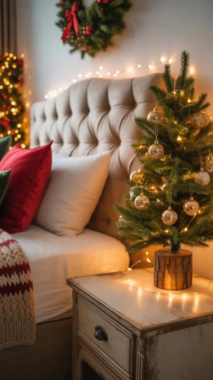 Cozy DIY Christmas Bedroom with Rustic Charm and Warm Fairy Lights