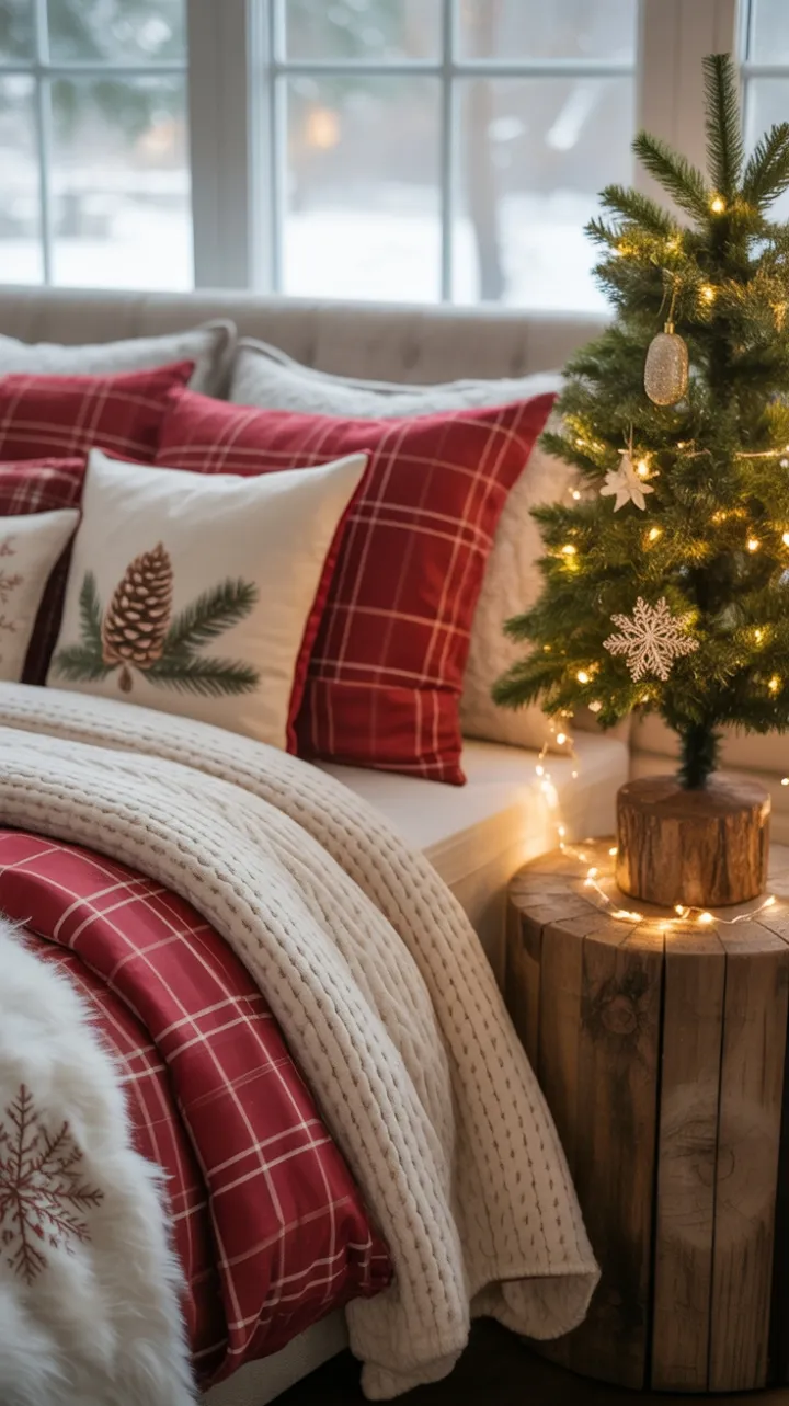 Cozy Christmas Bedroom Retreat with Plaid Bedding and a Twinkling Tree