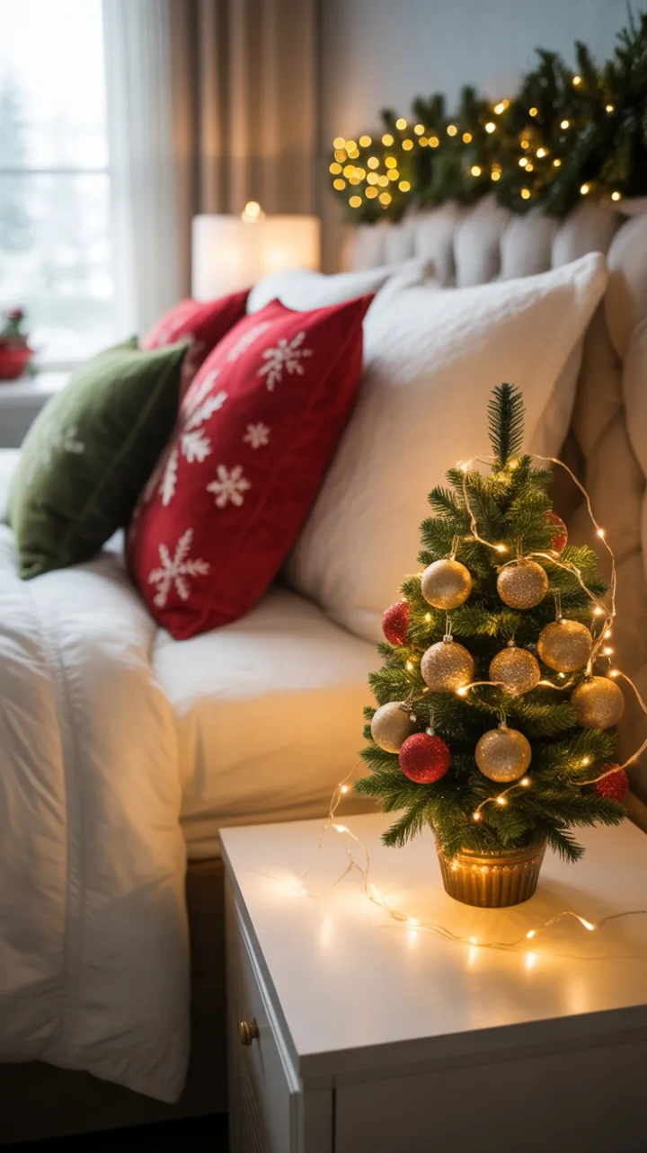 Warm-Glow Christmas Nightstand in a Cozy Snowflake Bedroom