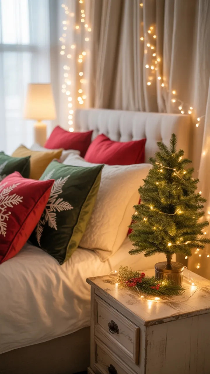 Cozy DIY Christmas Bedroom with Twinkling Lights and Vintage Charm