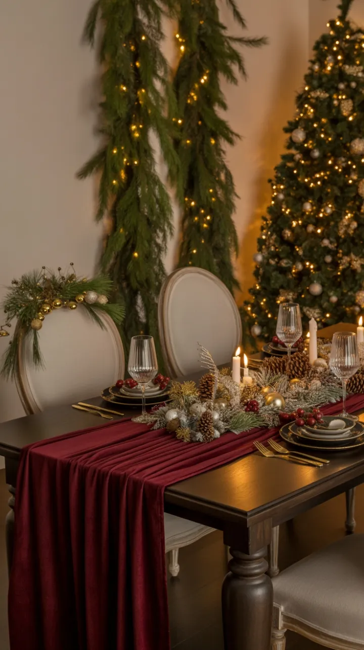 Burgundy Velvet Holiday Table Bathed in Candlelight
