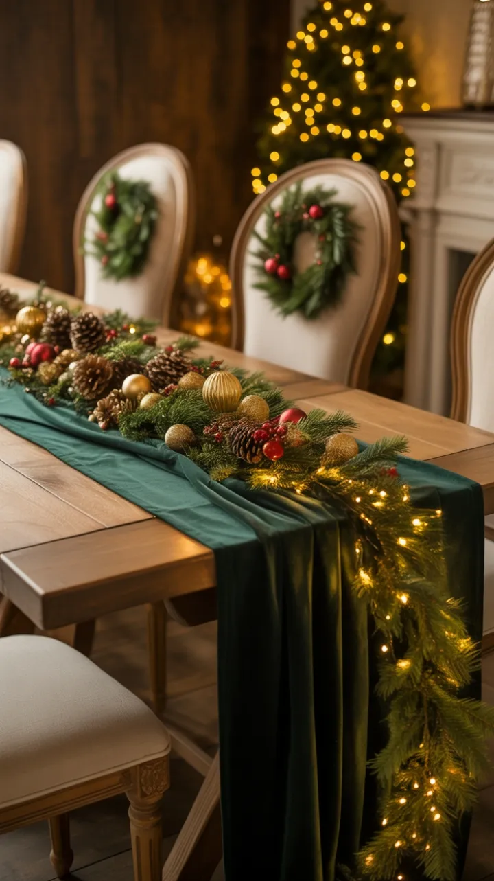 Cozy Velvet Christmas Table Lit by Twinkling Lights