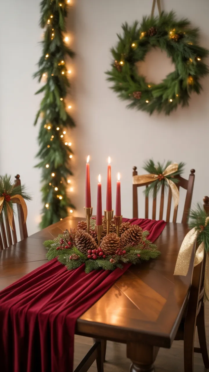 Cozy Christmas Feast with Velvet Runner and Rustic Pinecone Centerpiece