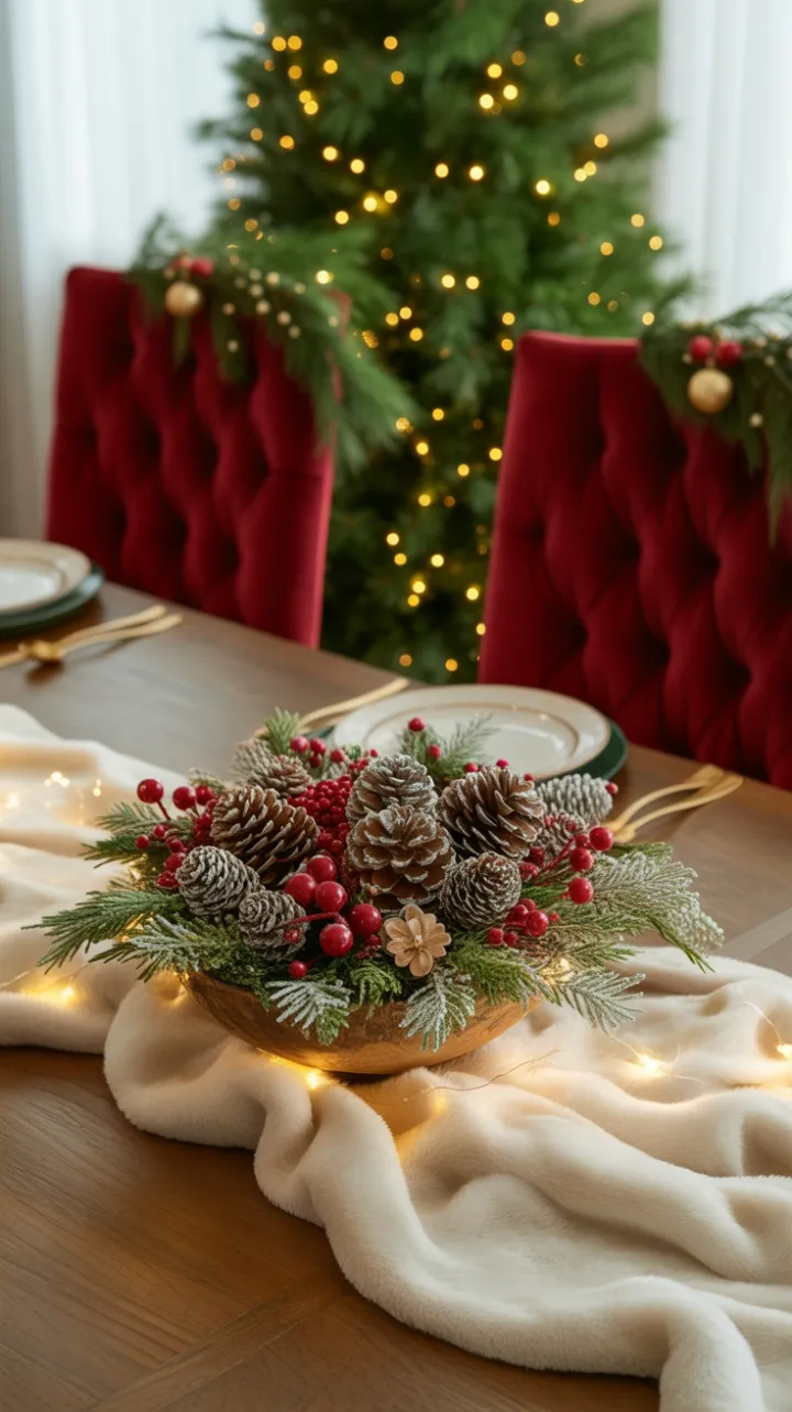 Twinkling Pinecone Centerpiece on a Velvet Holiday Table
