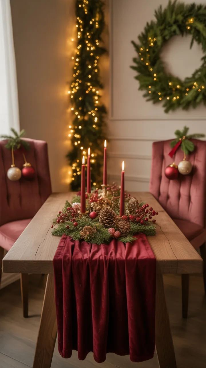 Burgundy Velvet Holiday Table Bathed in Golden Light