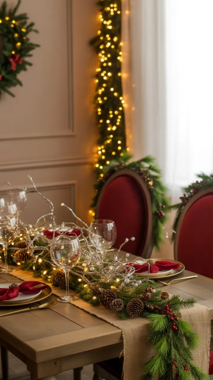 Cozy Rustic Christmas Table with Velvet Chairs and Twinkling Lights