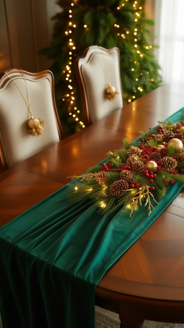 Cozy Emerald Velvet Christmas Table Dressed in DIY Gold, Cranberry, and Pinecone Elegance