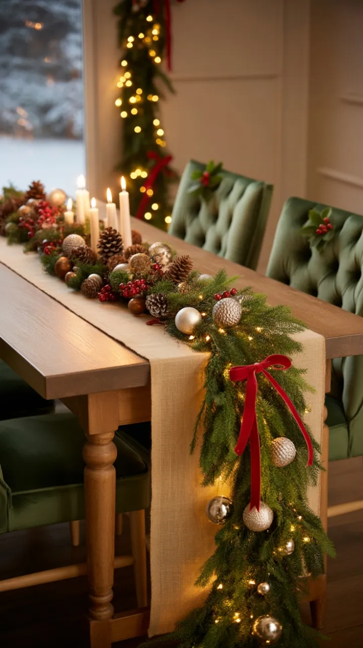 Cozy Handmade Christmas Table with Velvet Chairs and Flickering Candles