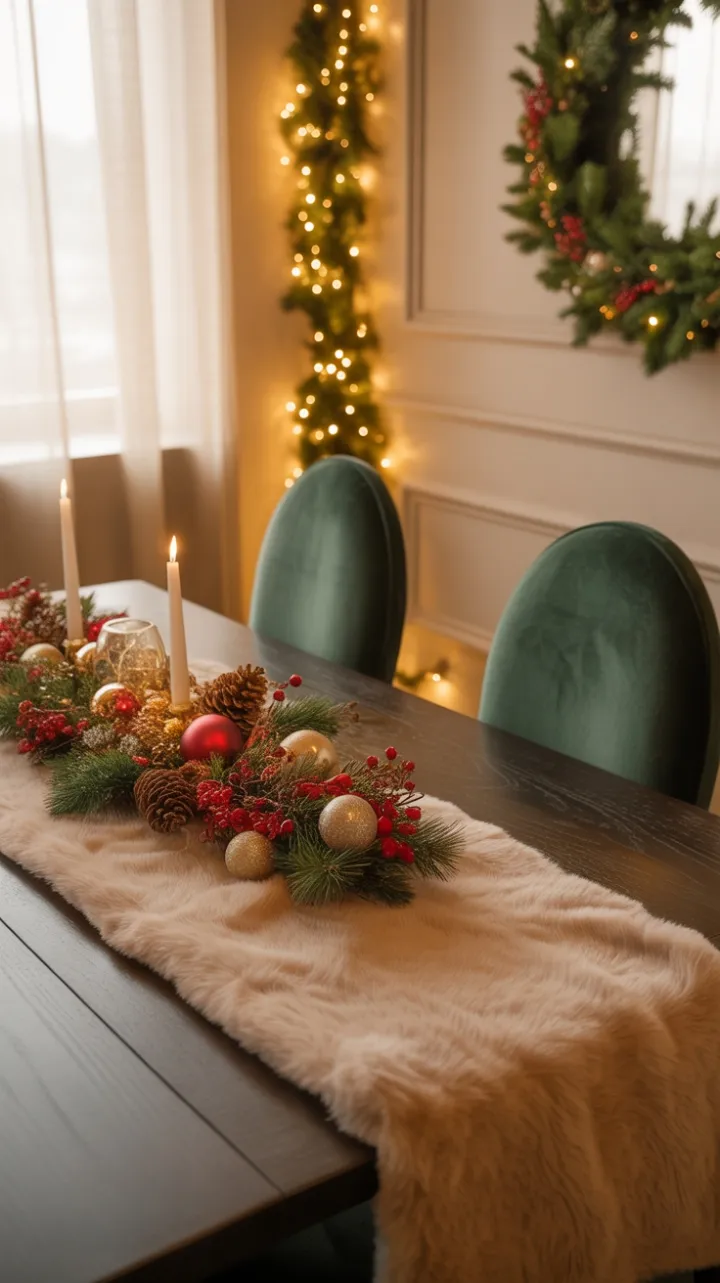 Enchanted Christmas Table with Velvet Green Chairs and Twinkling Lights
