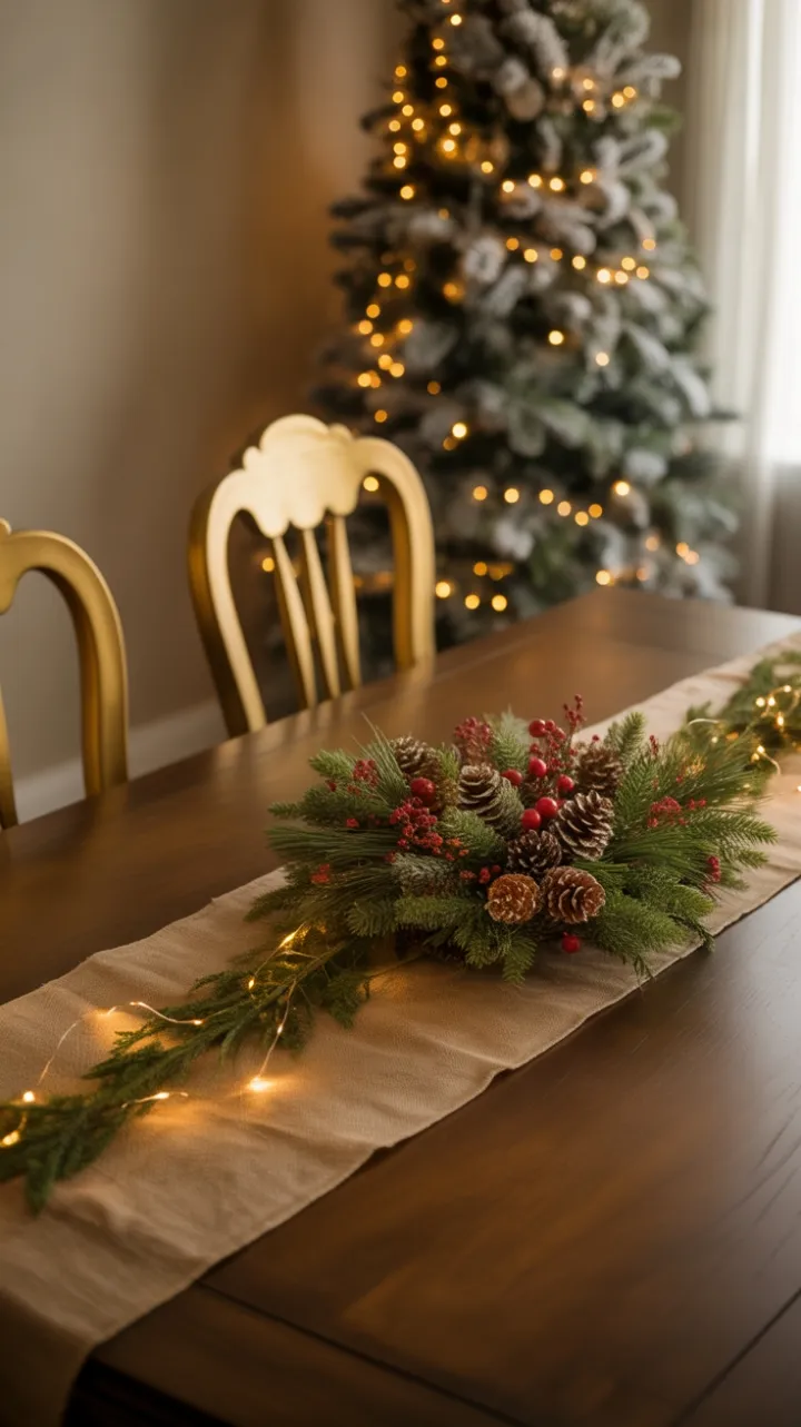 Cozy Christmas Table Dressed in Burlap Pinecones Evergreens and Gold