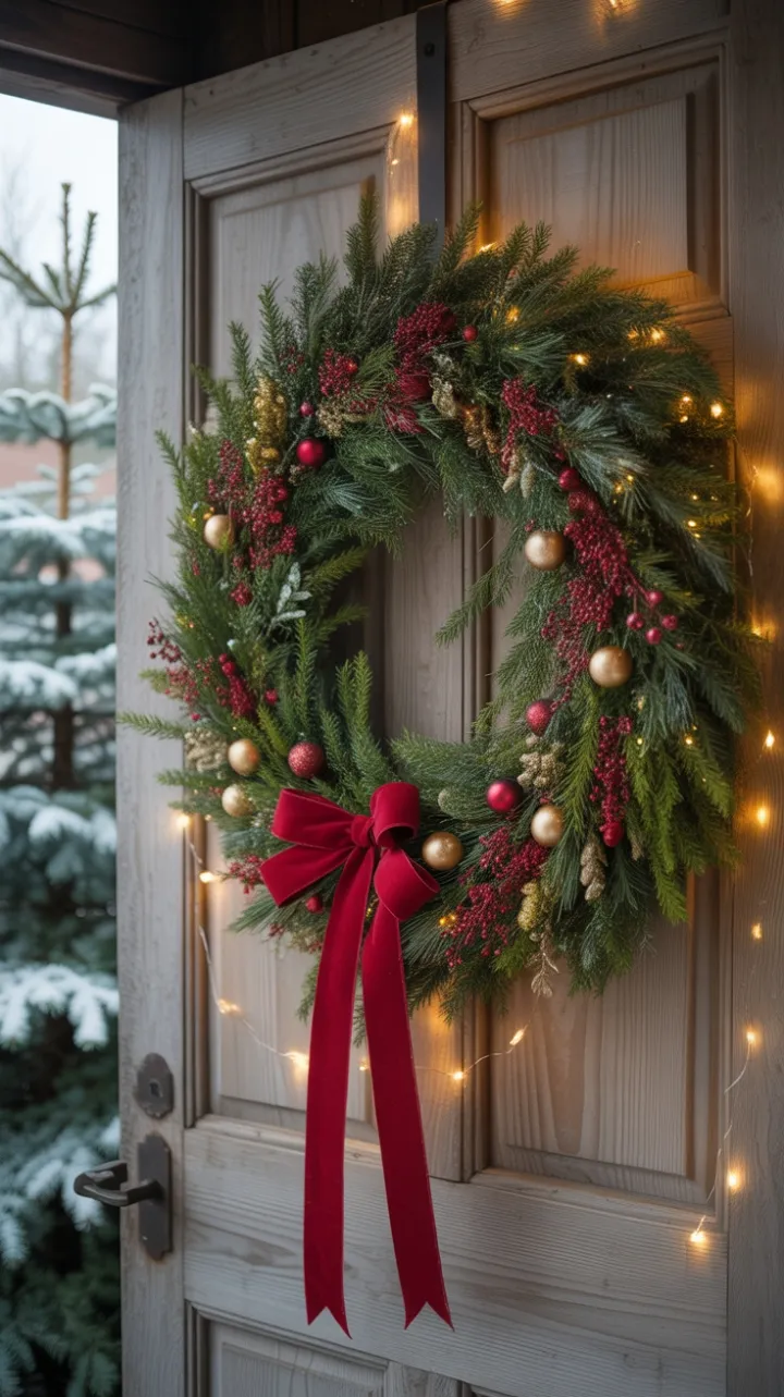 Crimson Bow Golden Lights Snow-Kissed Welcome