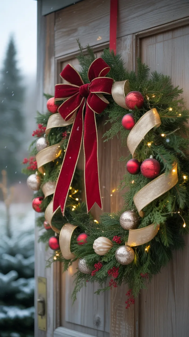 Velvet Bow and Twinkling Wreath on a Snow-Kissed Rustic Door