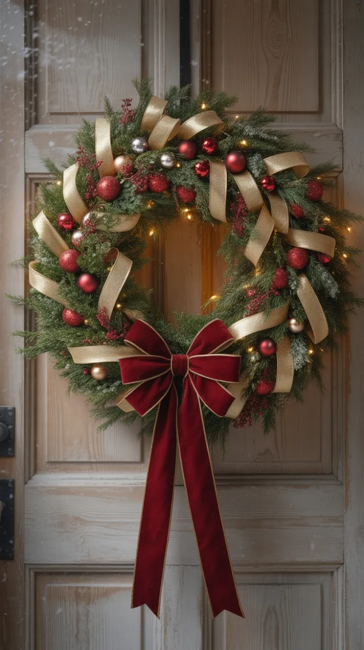 Burgundy Bow and Golden Glow on a Snow-Kissed Wreath