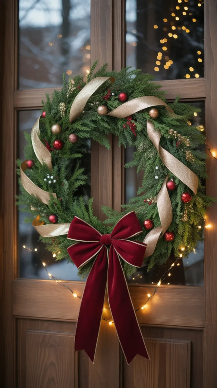 Snow-Kissed Evergreen Welcome with Burgundy Velvet Bow