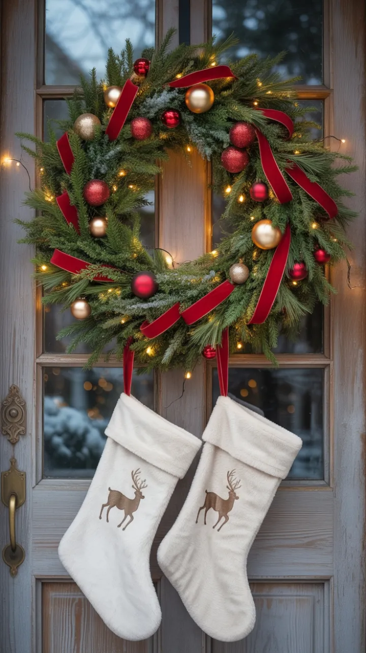 Luminous Holiday Wreath and Plush Stockings on a Snow-Kissed Rustic Door