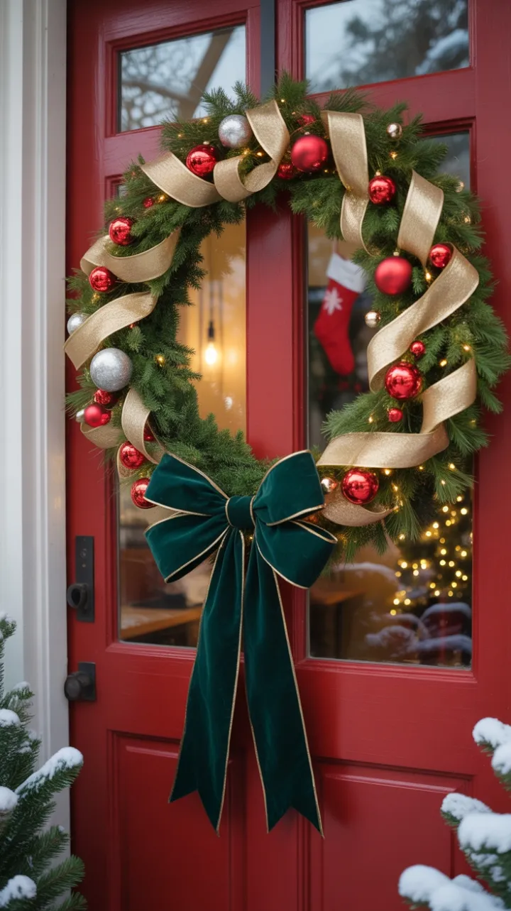 Twinkling Lights and an Emerald-Bowed Wreath Adorning a Joyful Red Door
