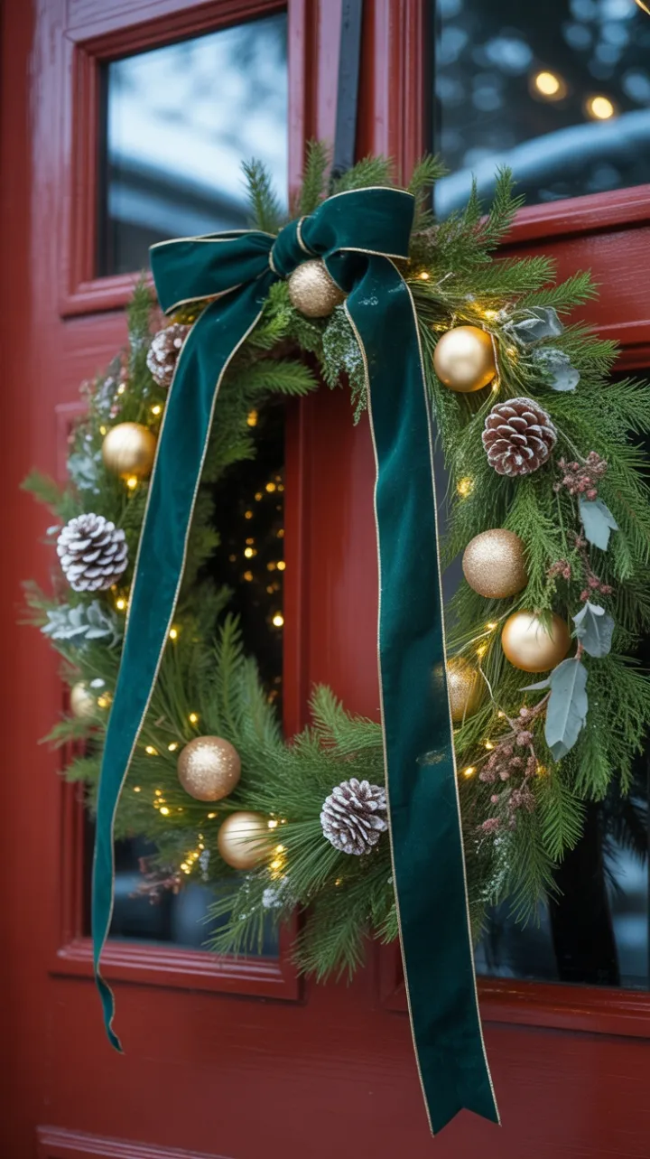 Emerald Ribbon Welcome on a Snow-Kissed Red Door