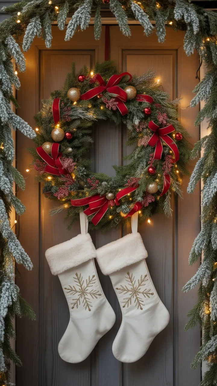 Cozy Holiday Welcome with Velvet Ribbon Wreath, Gold Ornaments, and Twinkling Lights