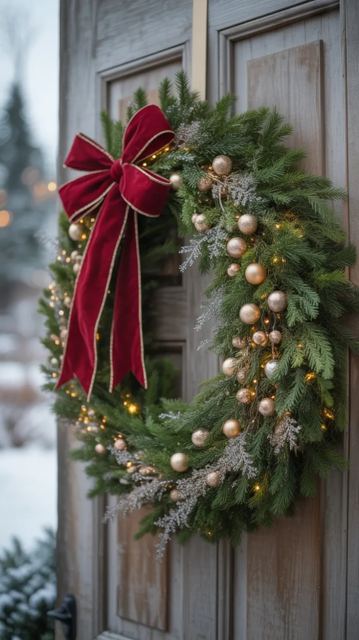 Crimson Bow and Silver Sparkle Welcome a Snowy Holiday Home